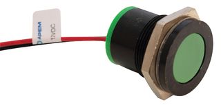 APEM Q22F7BXXG24E LED Panel Mount Indicator, Black Chrome Bezel, Green, 24 VDC, 22 mm, 40 mA, 70 mcd, IP67