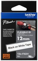 BROTHER TZEFX231 Label Printer Tape, TZE Flexible Series, Adhesive, Laminated, Black on White, 12 mm x 8 m