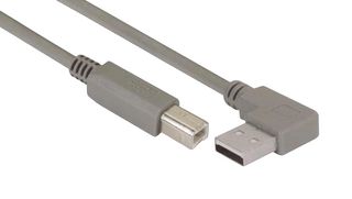 L-COM CA90LA-B-05M USB Cable, 90° Type A Plug to Type B Plug, 500 mm, 19.7 ft, USB 2.0, Grey