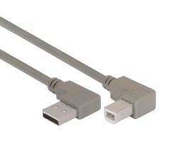 L-COM CA90LA-RB-03M USB Cable, 90° Type A Plug to 90° Type B Plug, 300 mm, 11.8 ft, USB 2.0, Grey