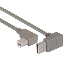 L-COM CA90UA-90RB-075M USB Cable, 90° Type A Plug to 90° Type B Plug, 750 mm, 29.5 ft, USB 2.0, Grey