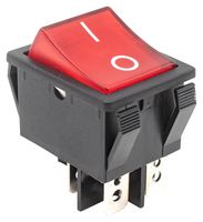 E-SWITCH R5BBLKREDFF3 Rocker Switch, Faston Tab, On-Off, DPST, Illuminated, Panel, Snap-In, Red, R5 Series